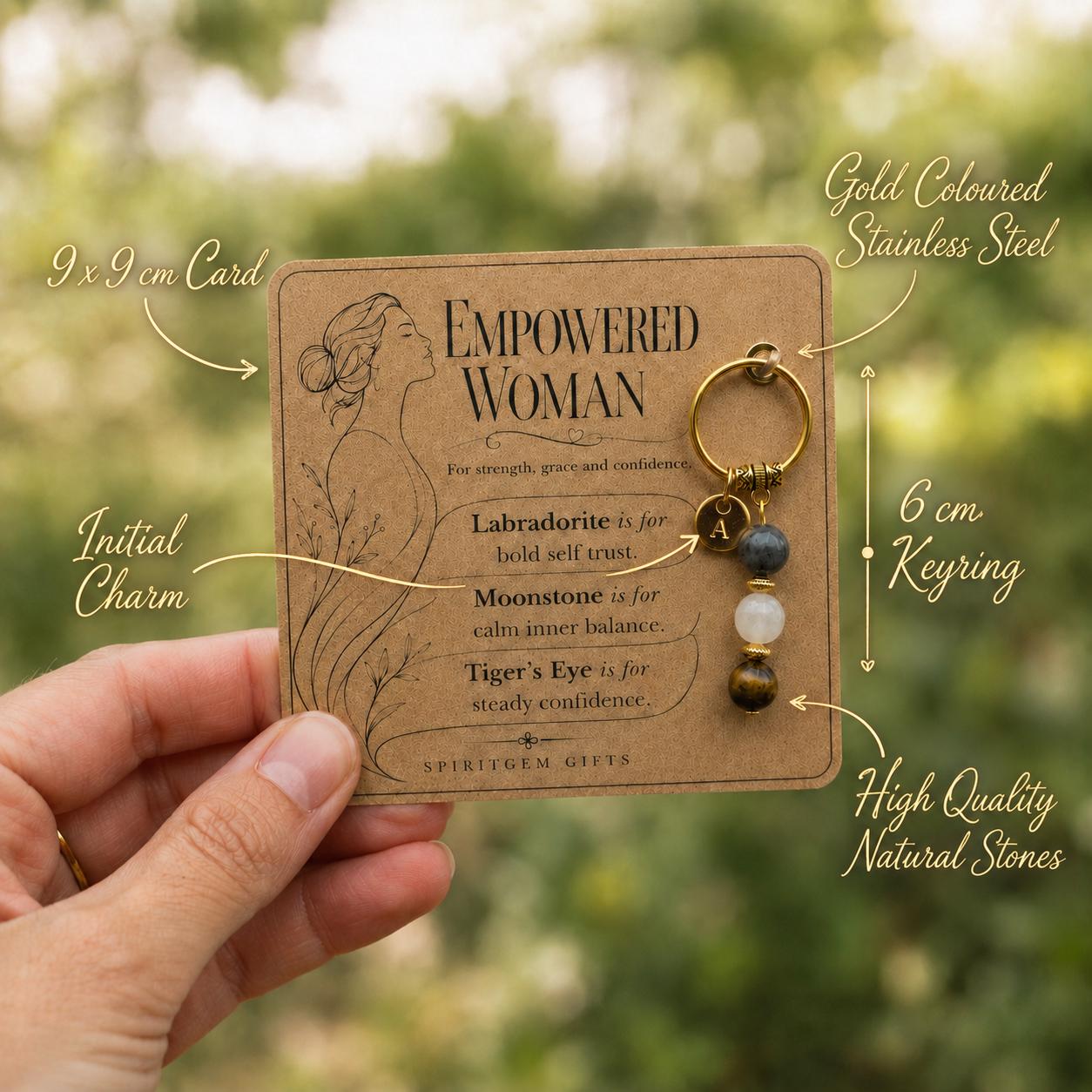 Empowered Woman Crystal Keyring Gift for Her, Personalised Gold Tone Initial Keychain