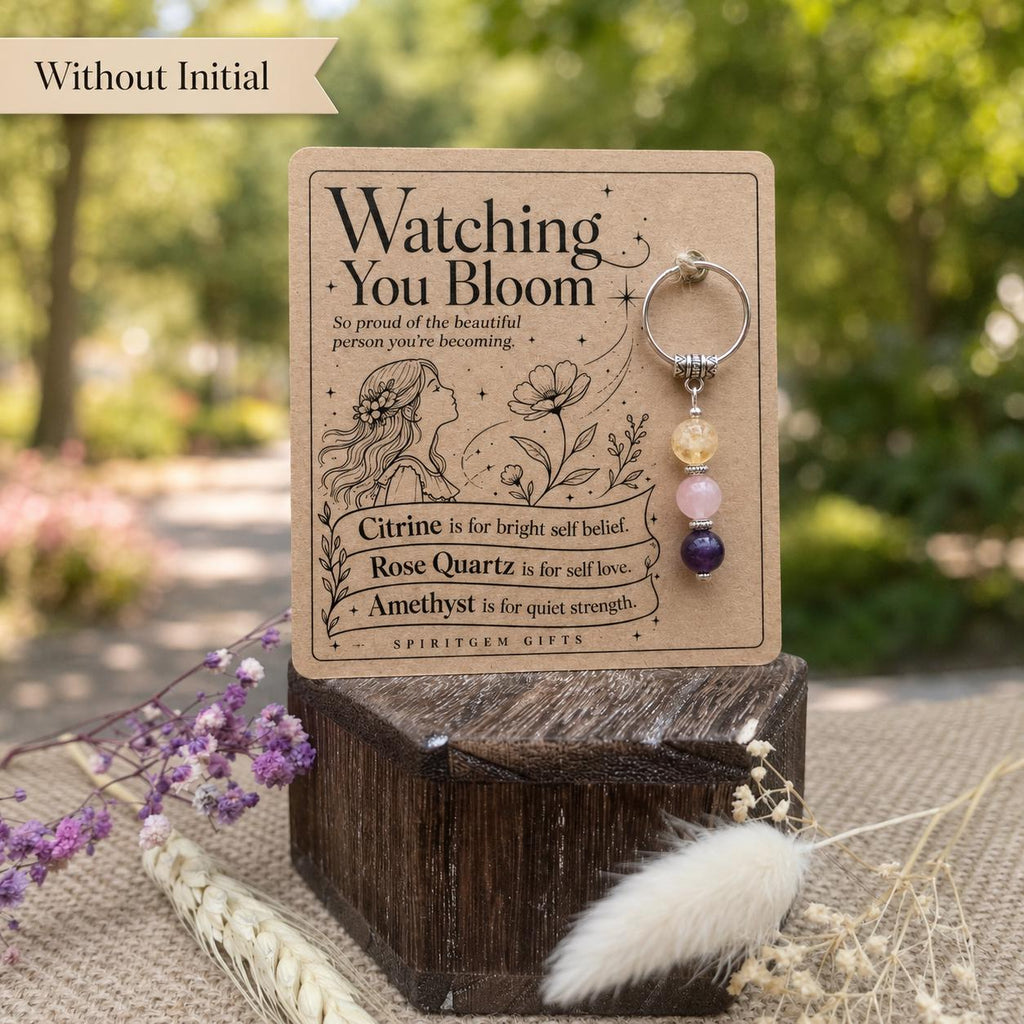 Daughter Gift from Mum, Crystal Keyring with Illustrated 'Watching You Bloom' Card, Personalised Keepsake