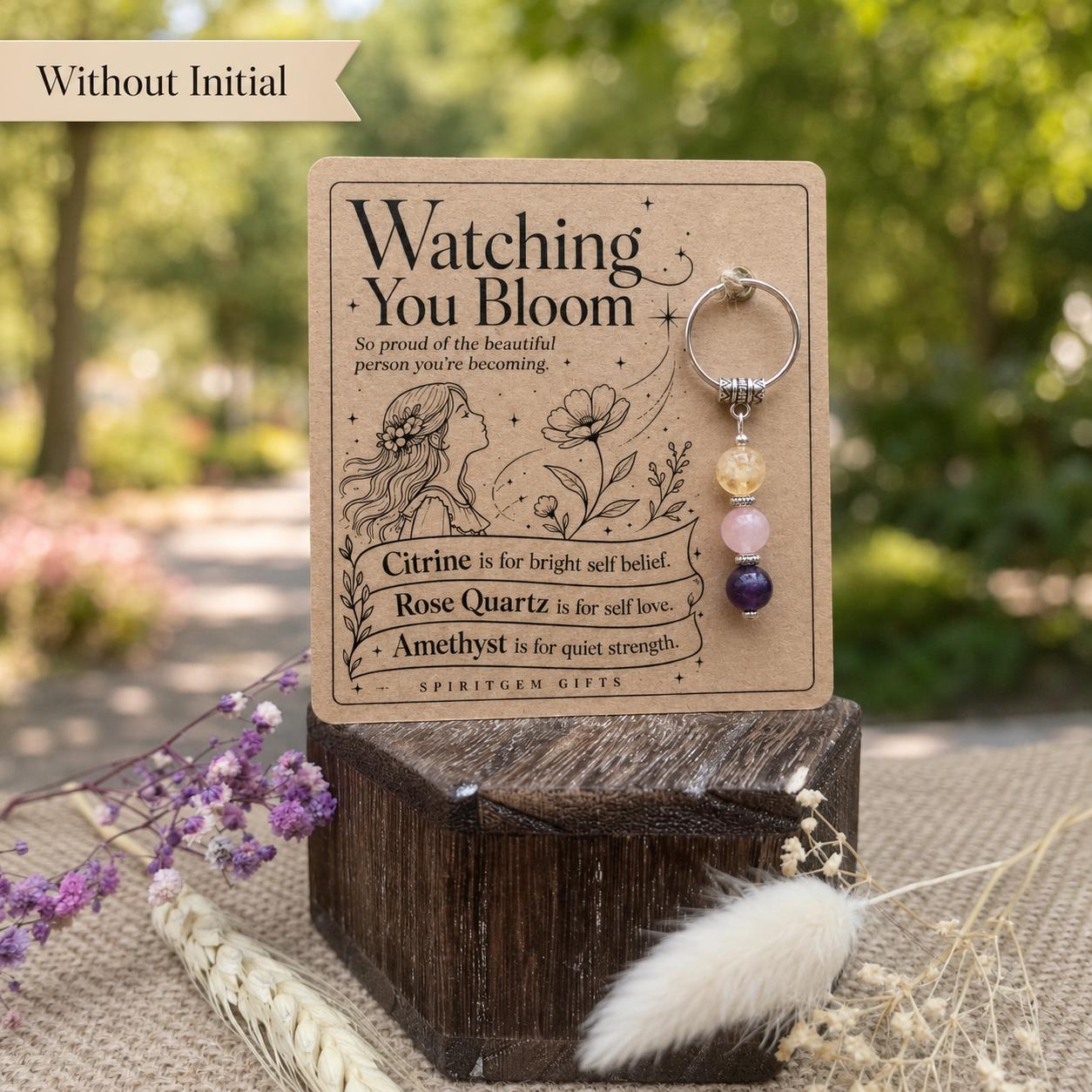 Daughter Gift from Mum, Crystal Keyring with Illustrated 'Watching You Bloom' Card, Personalised Keepsake