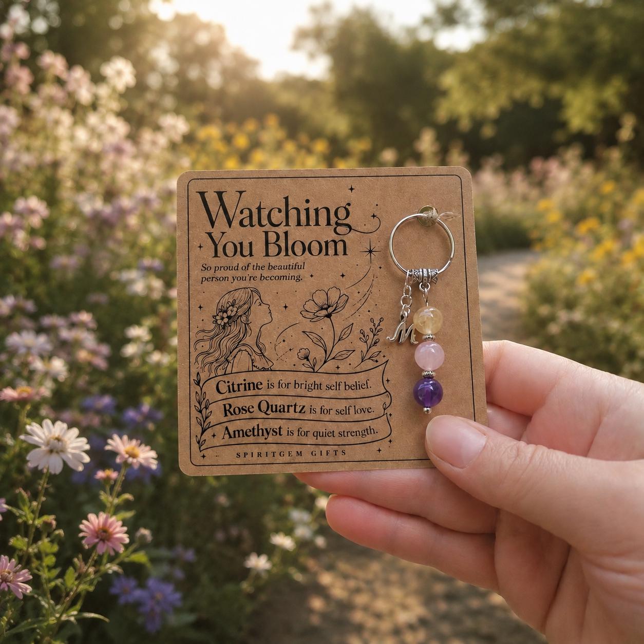 Daughter Gift from Mum, Crystal Keyring with Illustrated 'Watching You Bloom' Card, Personalised Keepsake