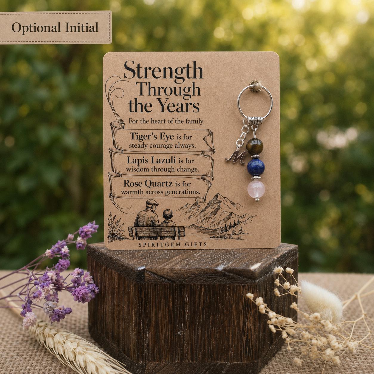 Grandad Birthday Gift, Crystal Keyring with Illustrated 'Strength Through the Years' Card