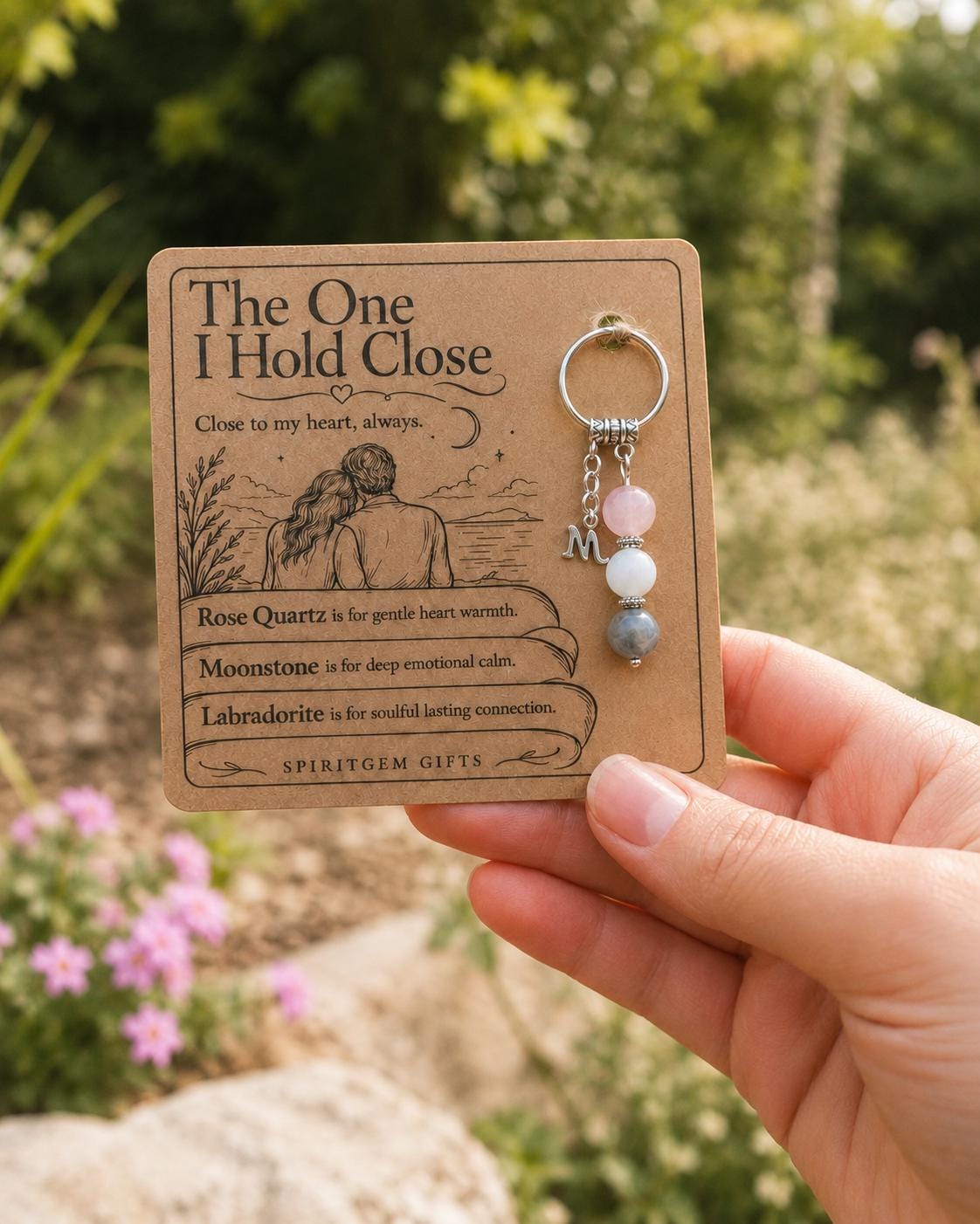 Wife Gift, Soulmate Crystal Keyring with Illustrated 'The One I Hold Close' Card