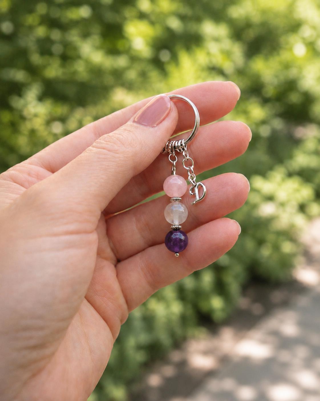 Personalised Bestie Crystal Keyring with Rose Quartz, Moonstone, Amethyst, Keepsake Card