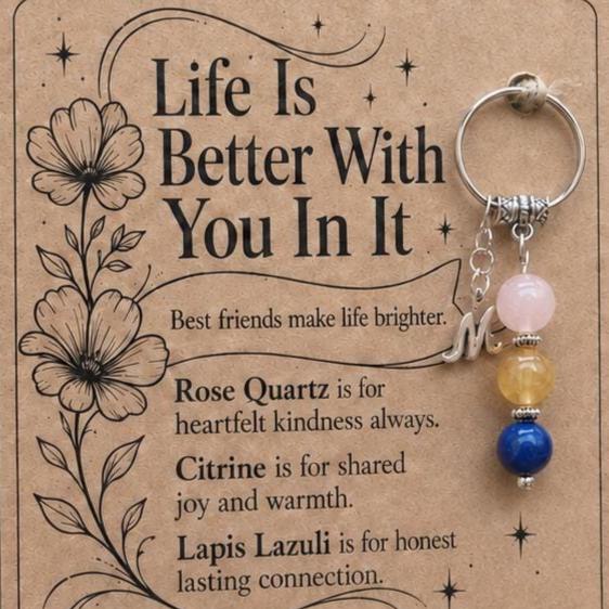 Personalised Friend Crystal Keyring with Rose Quartz, Citrine, Lapis Lazuli, Initial Charm