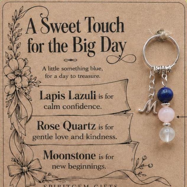 Personalised SOMETHING BLUE Crystal Keyring with Illustrated Keepsake Card Bride Gift