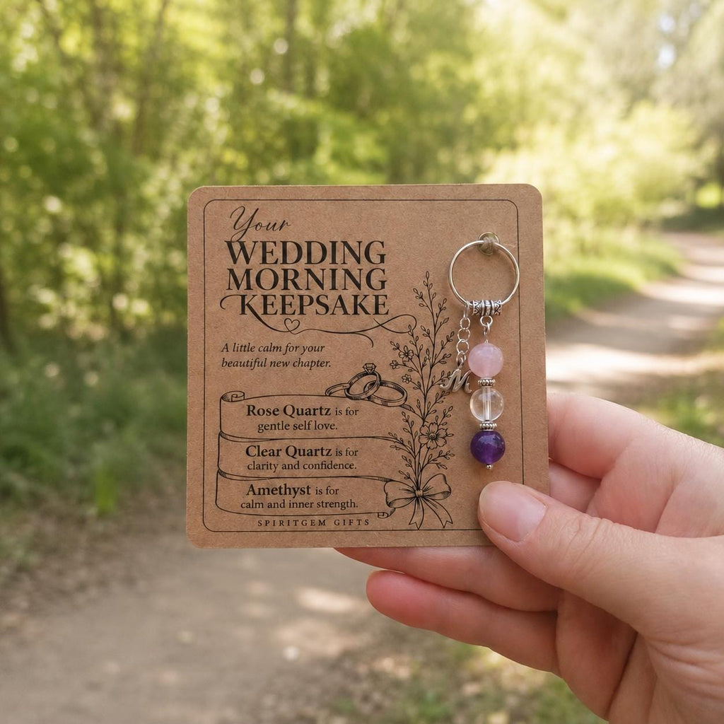 Personalised WEDDING MORNING Crystal Keyring with Illustrated Keepsake Card Bride Gift