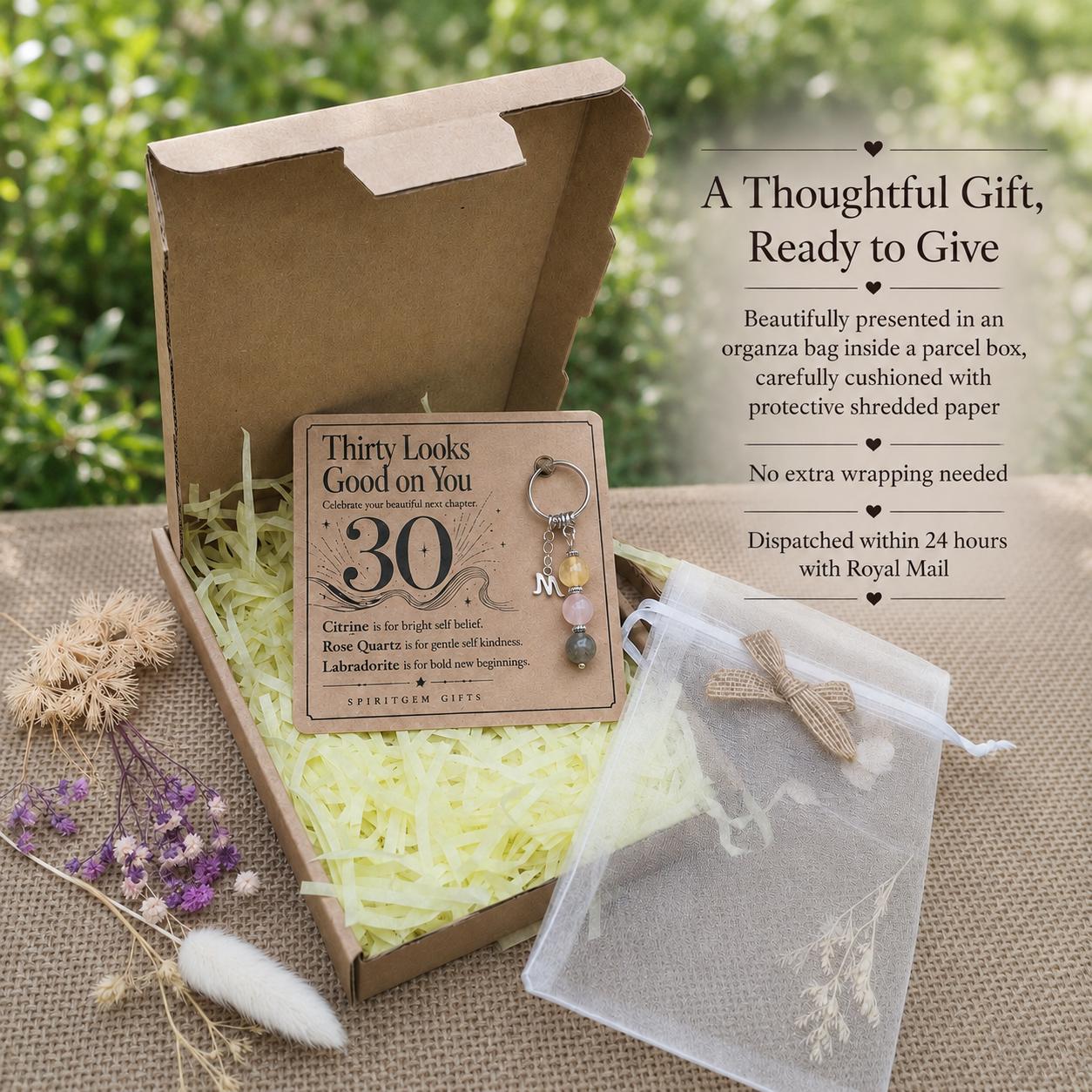 30th Birthday Gift for Her, Crystal Keyring with Illustrated 'Thirty Looks Good on You' Card, Personalised