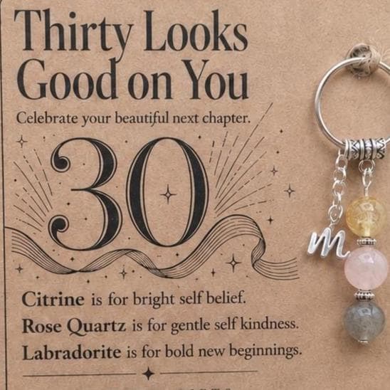 30th Birthday Gift for Her, Crystal Keyring with Illustrated 'Thirty Looks Good on You' Card, Personalised