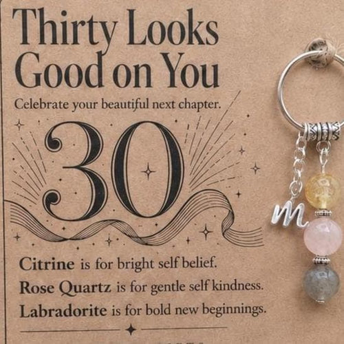 30th Birthday Gift for Her, Crystal Keyring with Illustrated 'Thirty Looks Good on You' Card, Personalised
