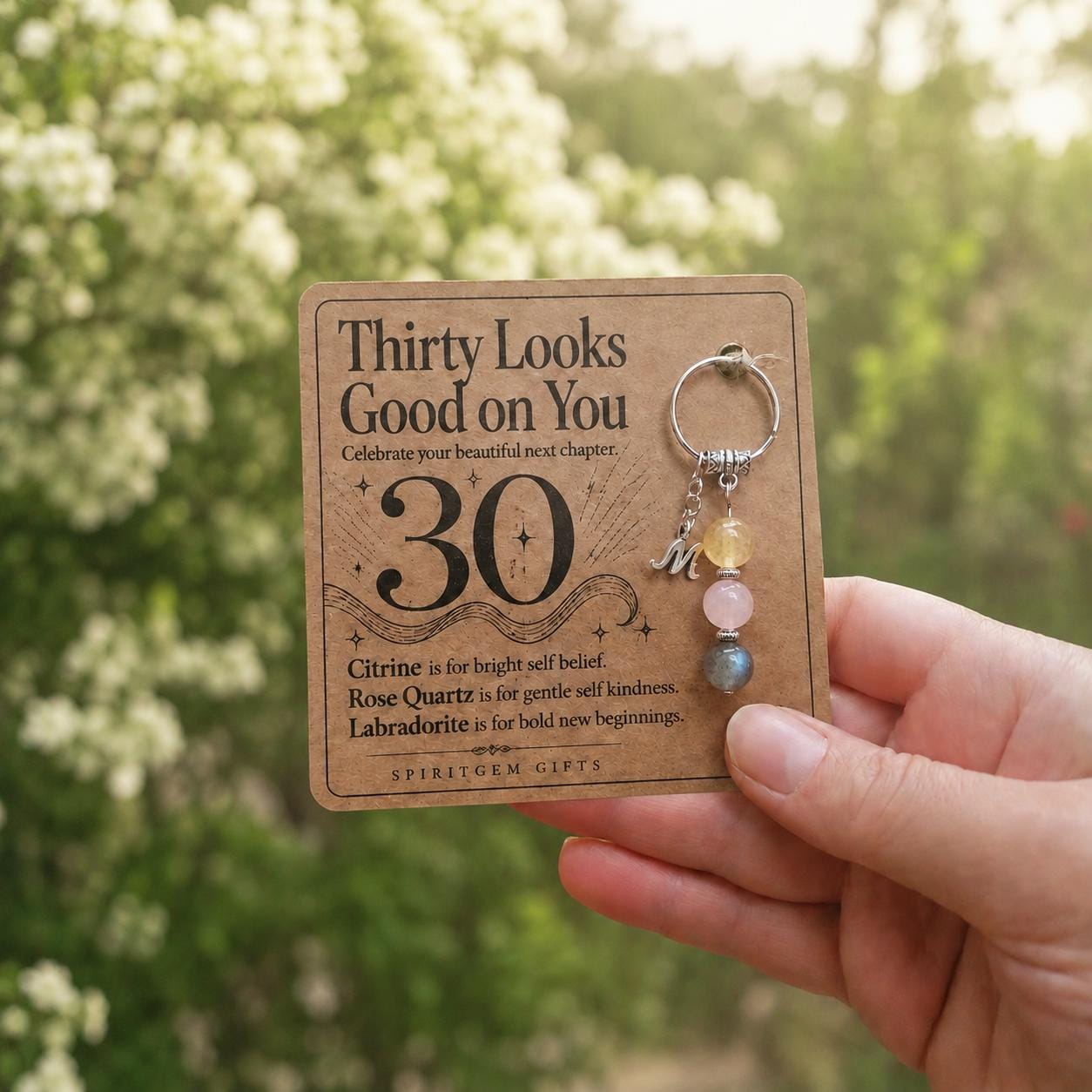 30th Birthday Gift for Her, Crystal Keyring with Illustrated 'Thirty Looks Good on You' Card, Personalised