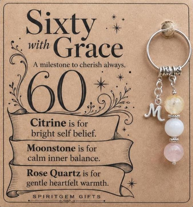 60th Birthday Gift for Her, Crystal Keyring with Illustrated 'Sixty with Grace' Card, Mum Nanna Keepsake