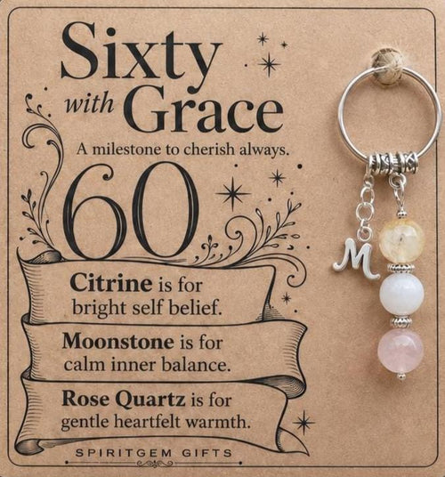 60th Birthday Gift for Her, Crystal Keyring with Illustrated 'Sixty with Grace' Card, Mum Nanna Keepsake
