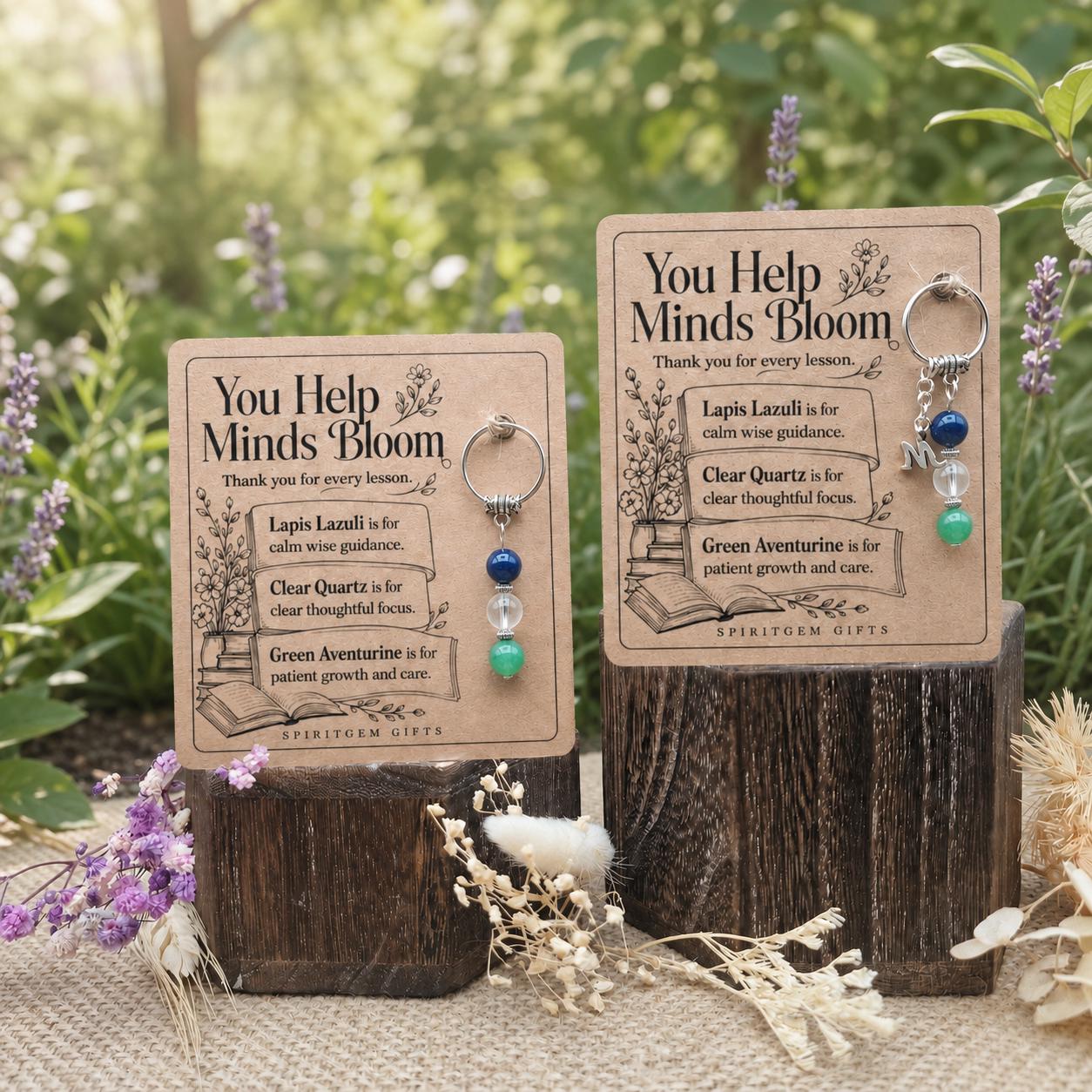 Thank You Teacher Gift, Crystal Keyring with Illustrated 'You Help Minds Bloom' Card, Personalised Keepsake
