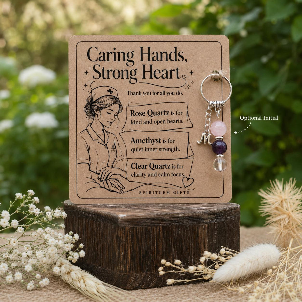 Nurse Thank You Gift, Crystal Keyring with Illustrated 'Caring Hands, Strong Heart' Card