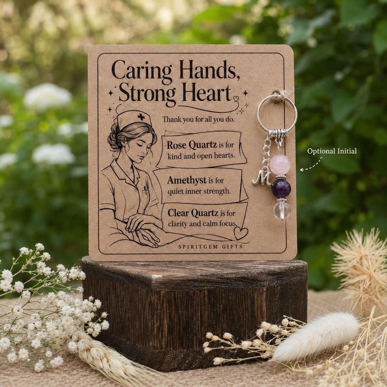 Nurse Thank You Gift, Crystal Keyring with Illustrated 'Caring Hands, Strong Heart' Card