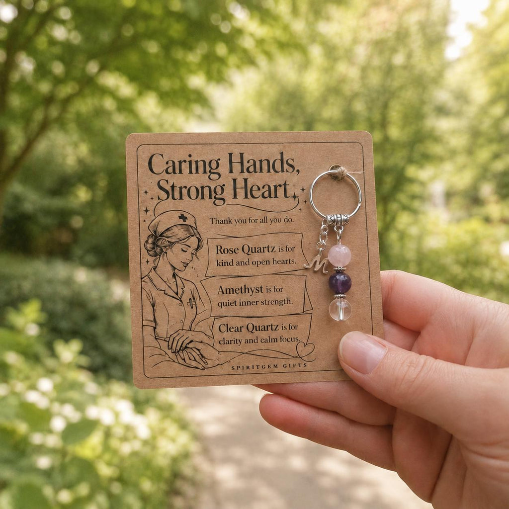 Nurse Thank You Gift, Crystal Keyring with Illustrated 'Caring Hands, Strong Heart' Card