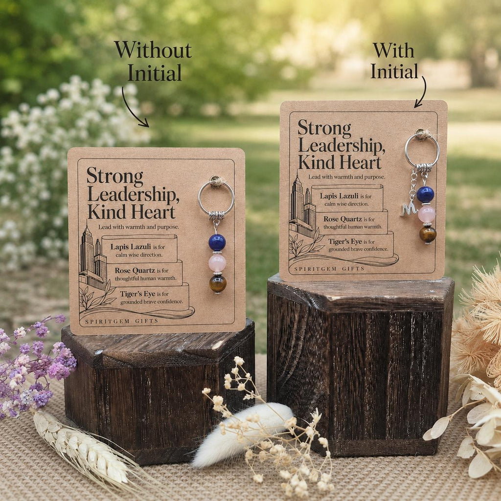 Thank You Boss Gift, Crystal Keyring with Illustrated 'Strong Leadership, Kind Heart' Card