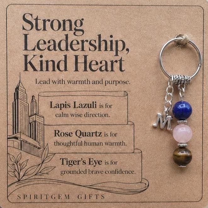 Thank You Boss Gift, Crystal Keyring with Illustrated 'Strong Leadership, Kind Heart' Card