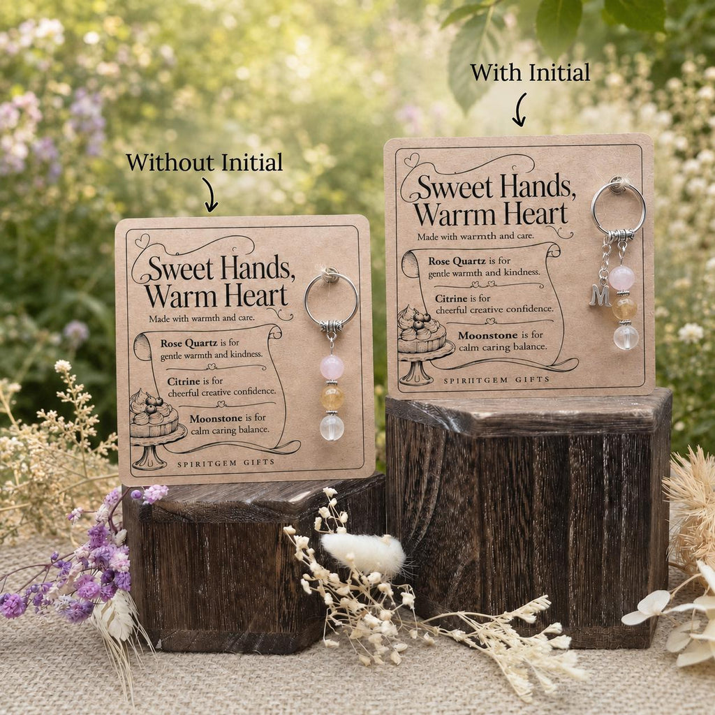 Baking Lover Gift, Crystal Keyring with Illustrated 'Sweet Hands, Warm Heart' Card