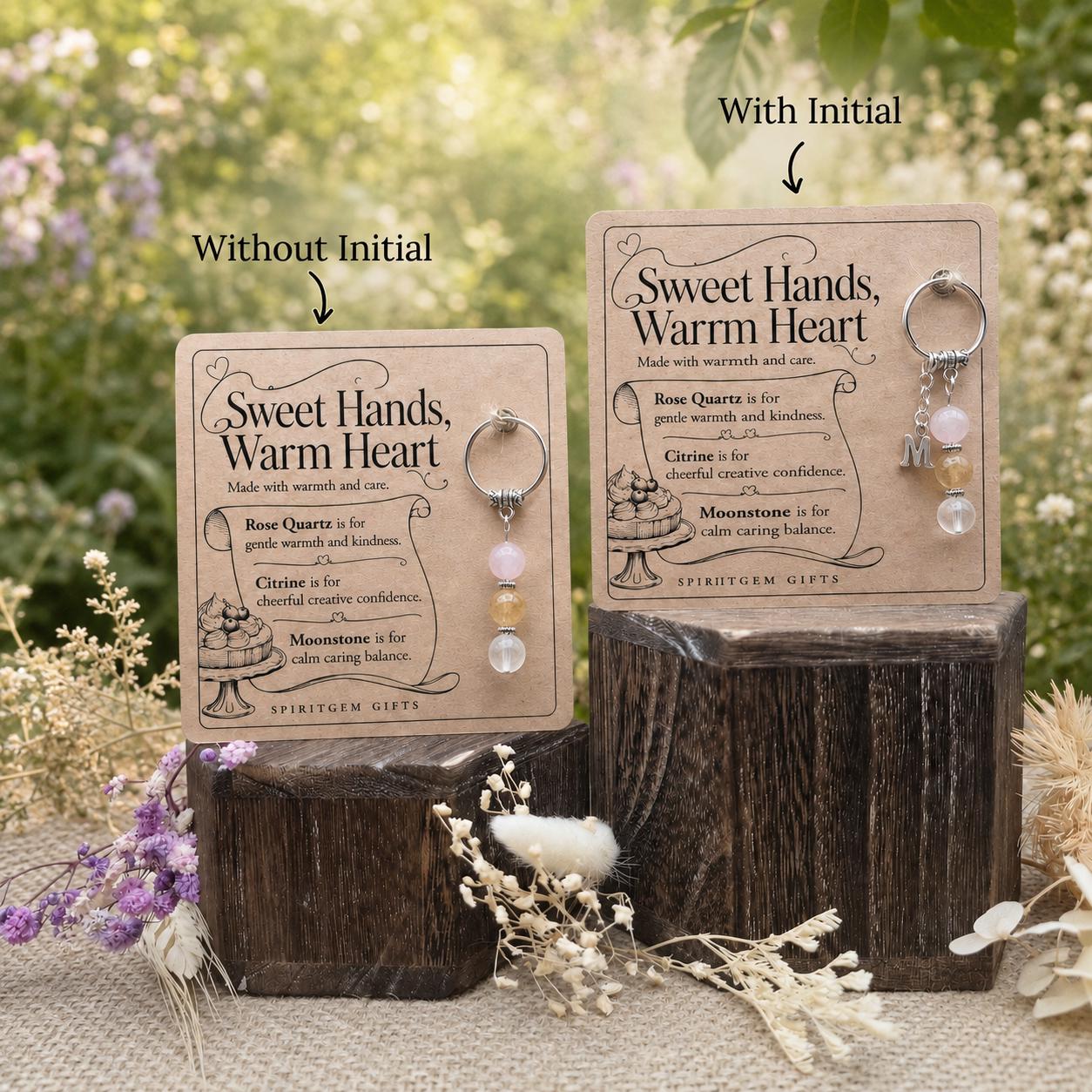 Baking Lover Gift, Crystal Keyring with Illustrated 'Sweet Hands, Warm Heart' Card