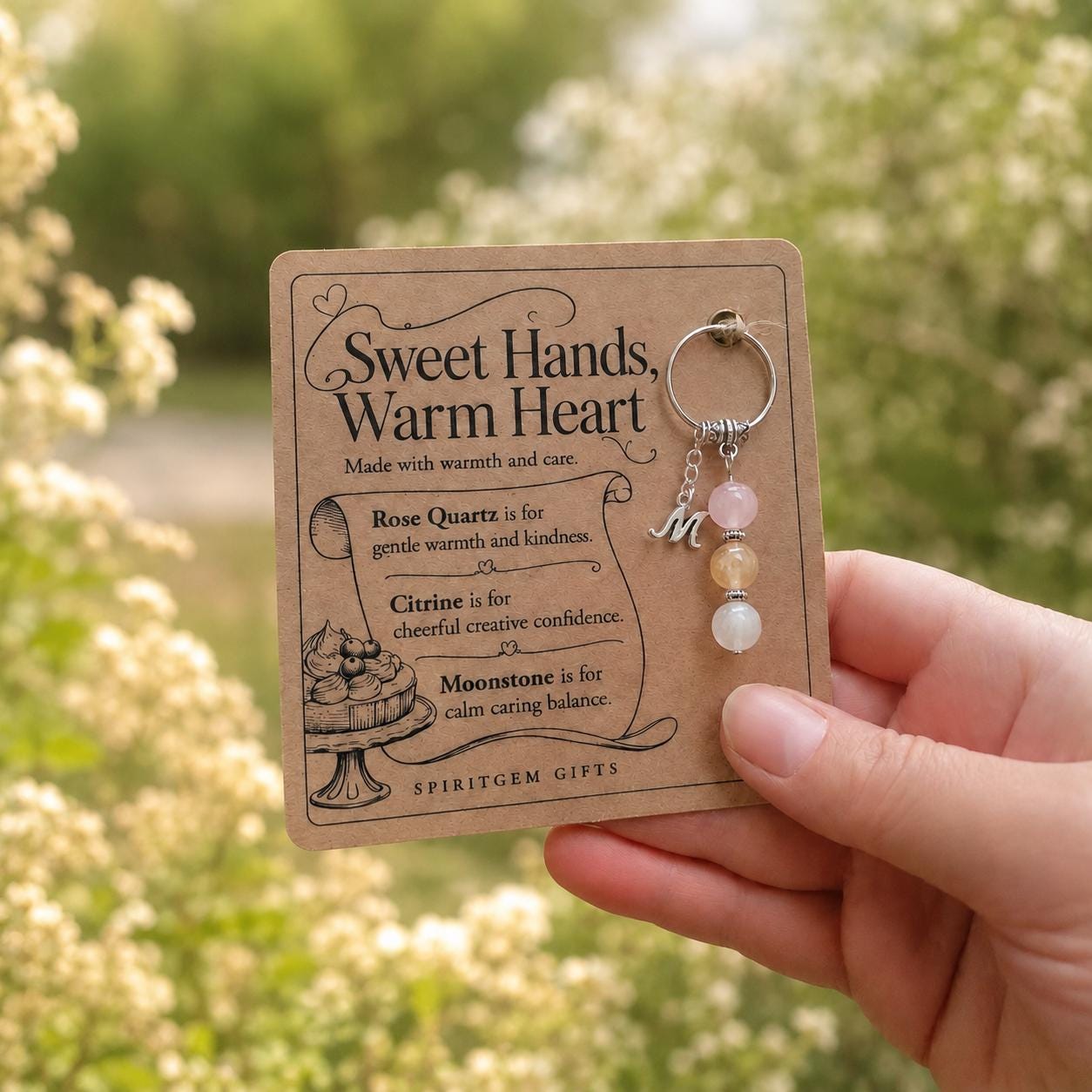 Baking Lover Gift, Crystal Keyring with Illustrated 'Sweet Hands, Warm Heart' Card