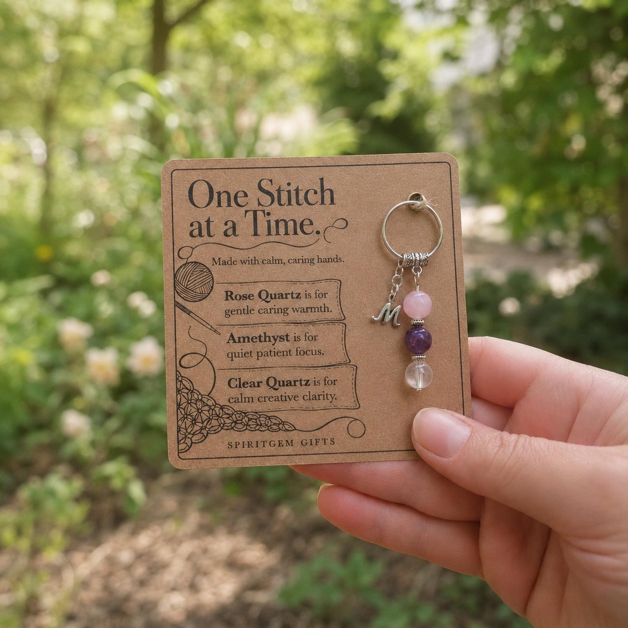 Crochet Lover Gift, Crystal Keyring with Illustrated 'One Stitch at a Time' Card