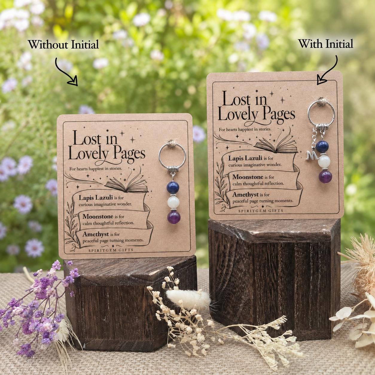 Book Lover Gift, Crystal Keyring with Illustrated 'Lost in Lovely Pages' Card, Bookworm Birthday Keepsake