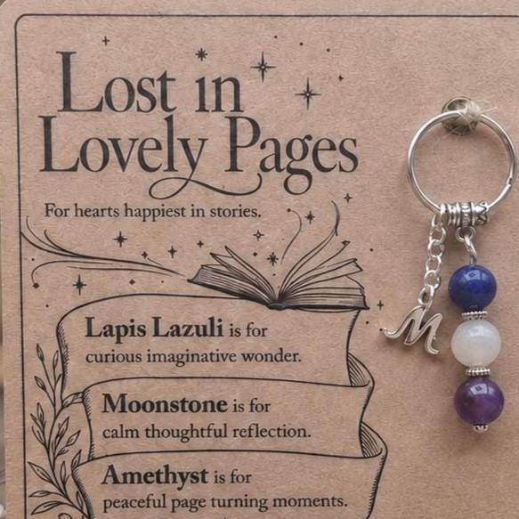 Book Lover Gift, Crystal Keyring with Illustrated 'Lost in Lovely Pages' Card, Bookworm Birthday Keepsake