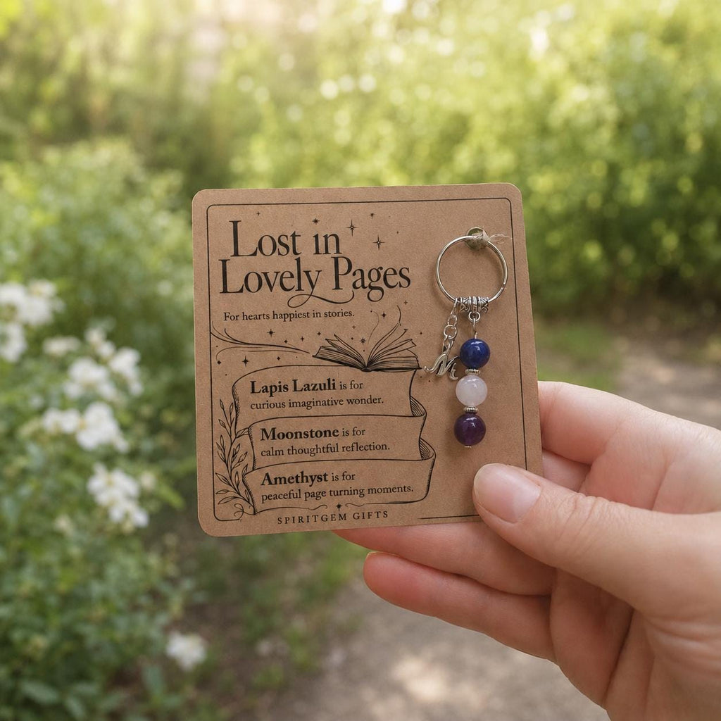 Book Lover Gift, Crystal Keyring with Illustrated 'Lost in Lovely Pages' Card, Bookworm Birthday Keepsake
