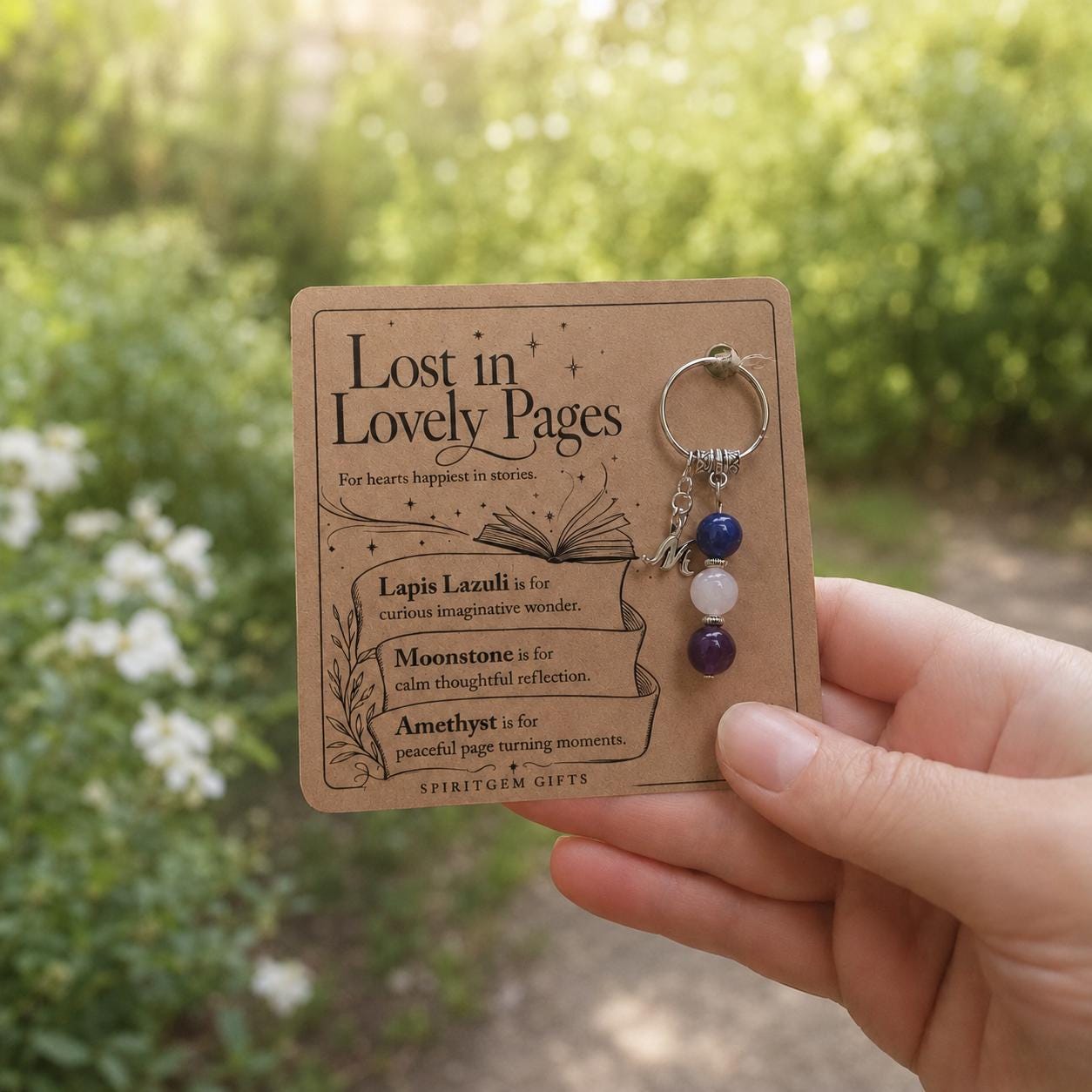 Book Lover Gift, Crystal Keyring with Illustrated 'Lost in Lovely Pages' Card, Bookworm Birthday Keepsake
