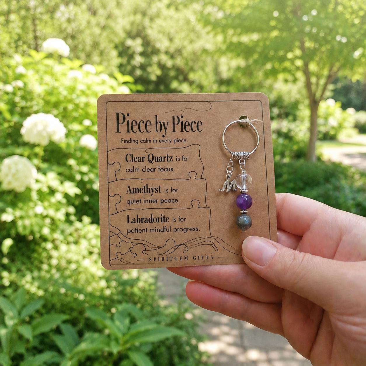 Jigsaw Puzzle Lover Gift, Crystal Keyring with Illustrated 'Piece by Piece' Card