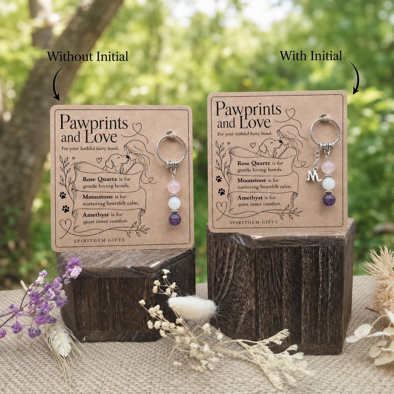 Dog Lover Gift, Crystal Keyring with Illustrated 'Pawprints and Love' Card