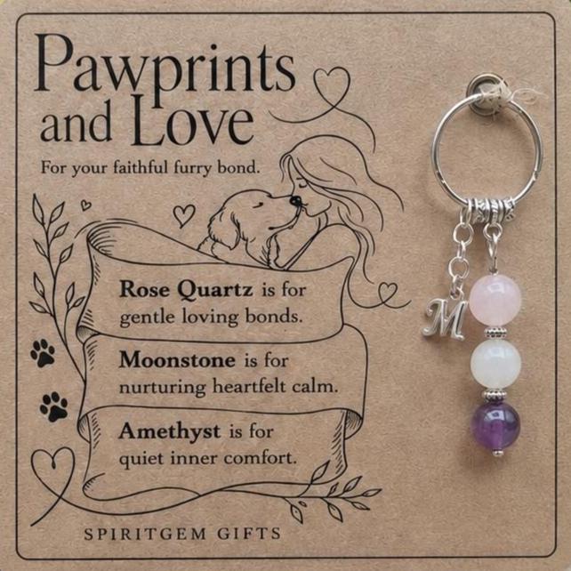 Dog Lover Gift, Crystal Keyring with Illustrated 'Pawprints and Love' Card