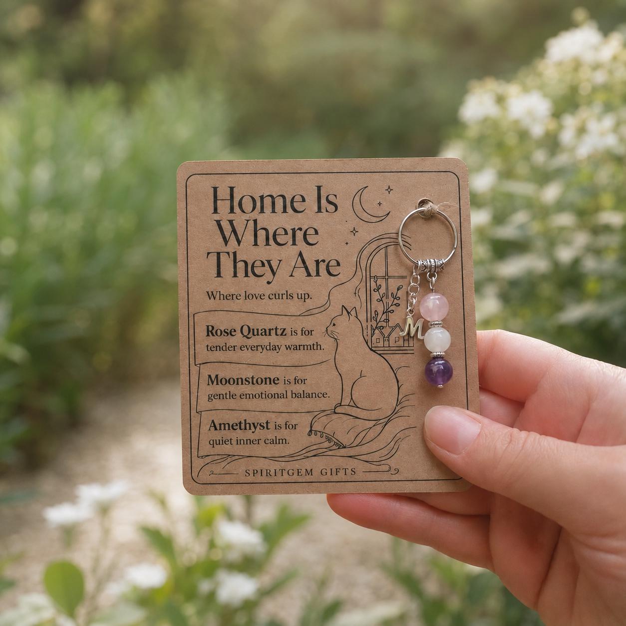 Cat Mum Gift, Crystal Keyring with Illustrated 'Home Is Where They Are' Card, From the Cat