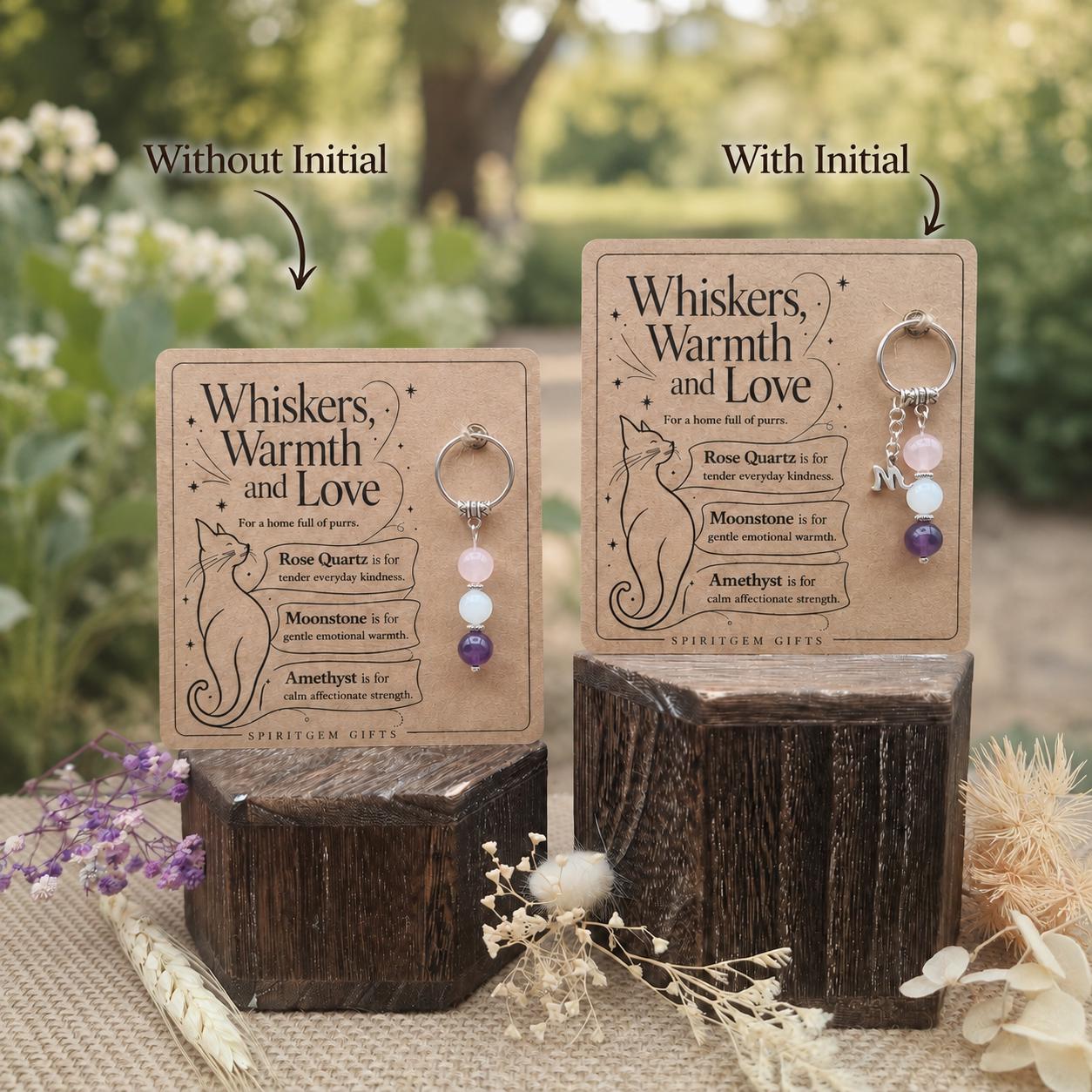 Cat Lover Gift, Crystal Keyring with Illustrated 'Whiskers, Warmth and Love' Card