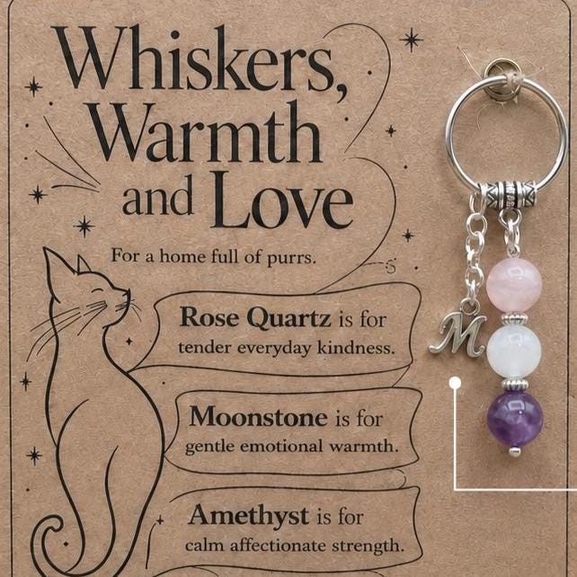 Cat Lover Gift, Crystal Keyring with Illustrated 'Whiskers, Warmth and Love' Card