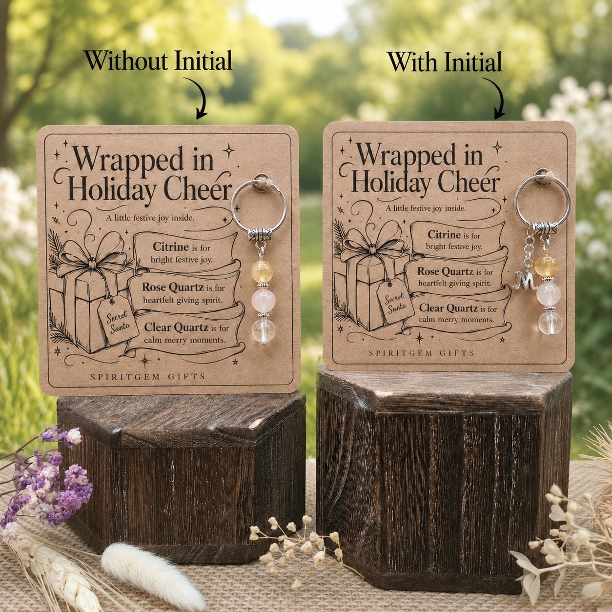 Secret Santa Gift for Her, Crystal Keyring with Illustrated 'Wrapped in Holiday Cheer' Card
