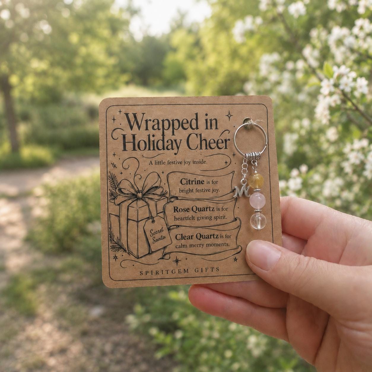 Secret Santa Gift for Her, Crystal Keyring with Illustrated 'Wrapped in Holiday Cheer' Card