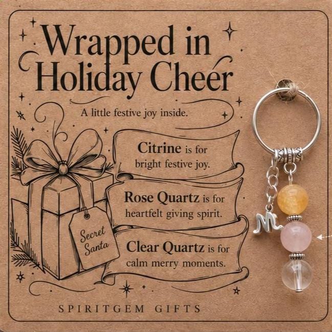 Secret Santa Gift for Her, Crystal Keyring with Illustrated 'Wrapped in Holiday Cheer' Card