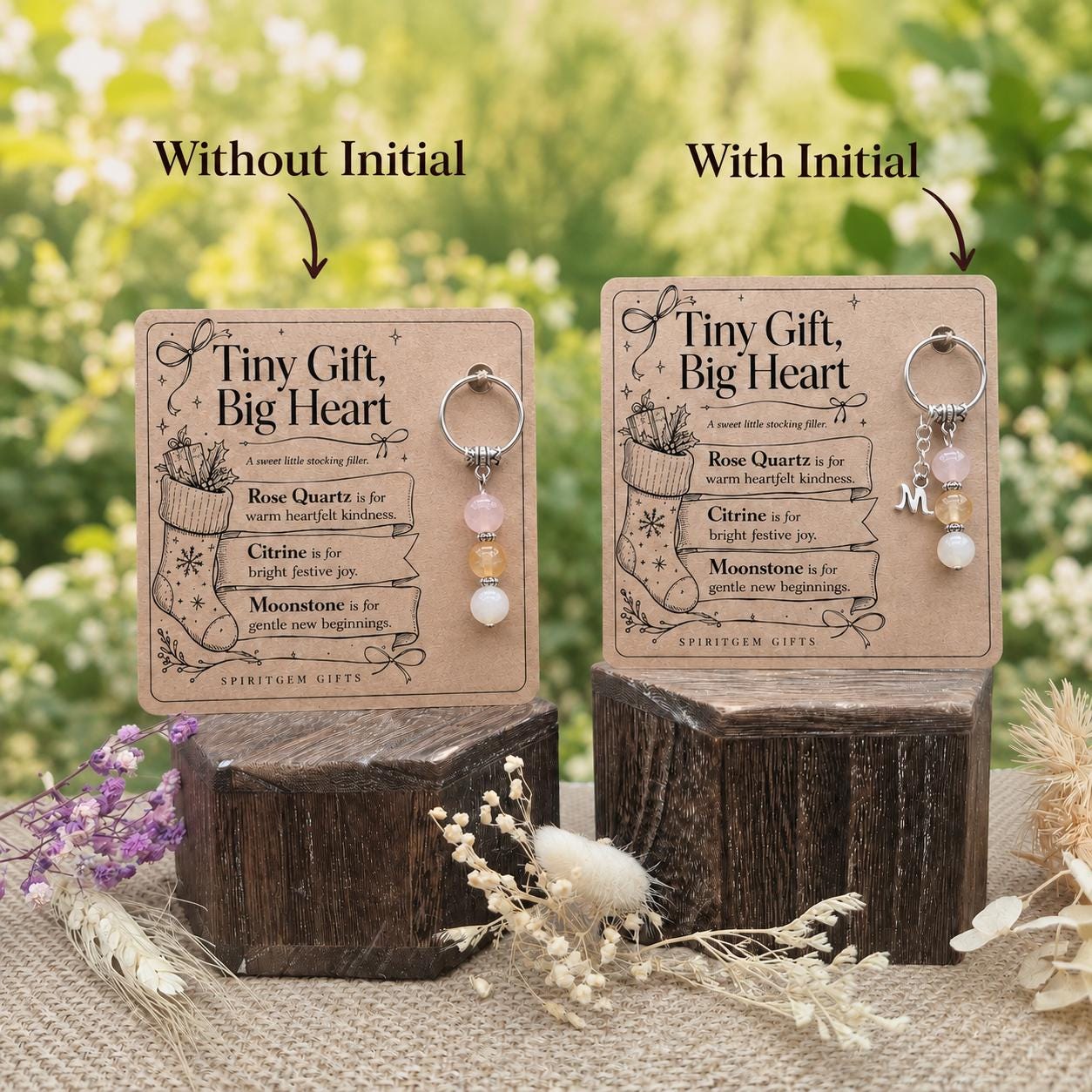 Stocking Filler for Her, Crystal Keyring with Illustrated 'Tiny Gift, Big Heart' Card