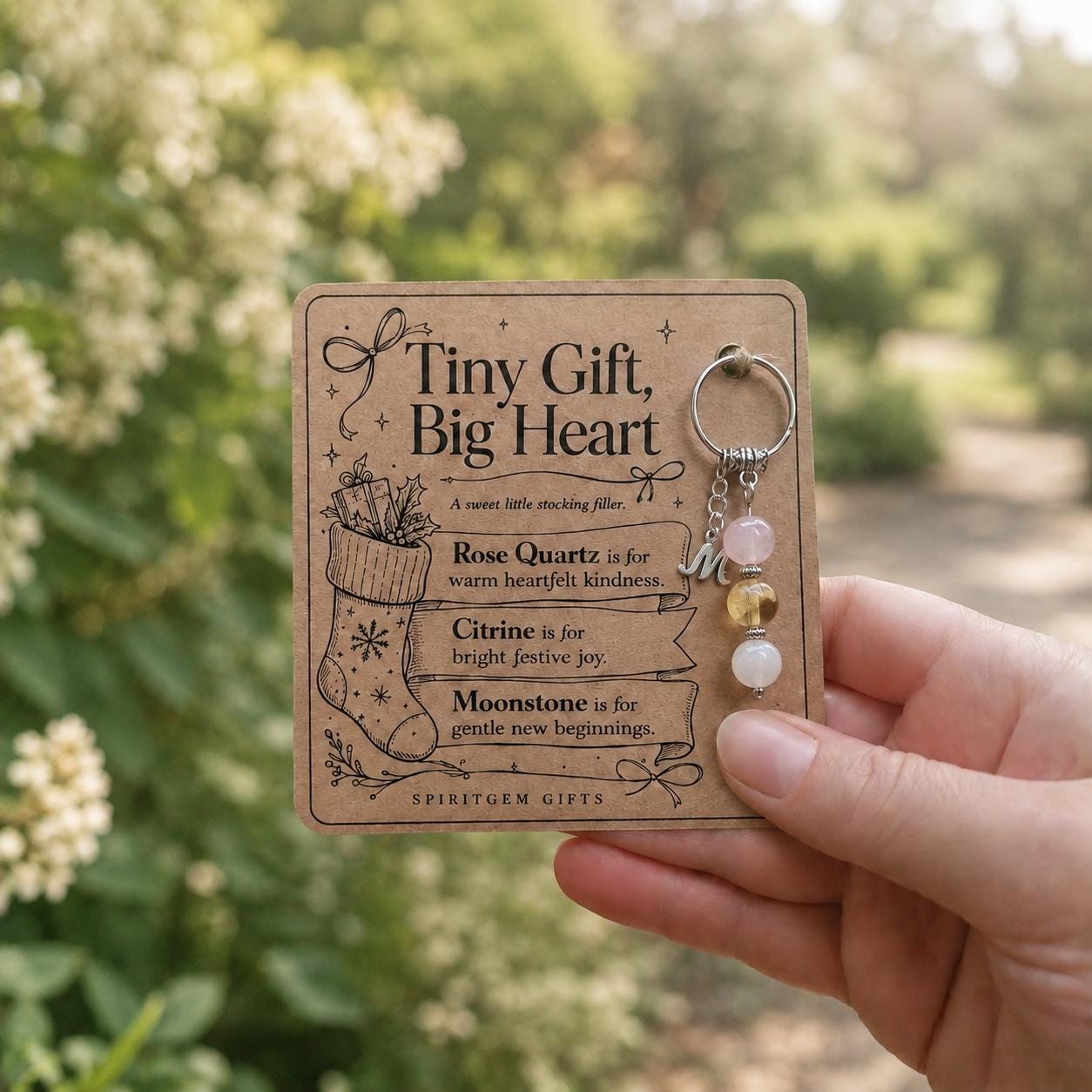 Stocking Filler for Her, Crystal Keyring with Illustrated 'Tiny Gift, Big Heart' Card