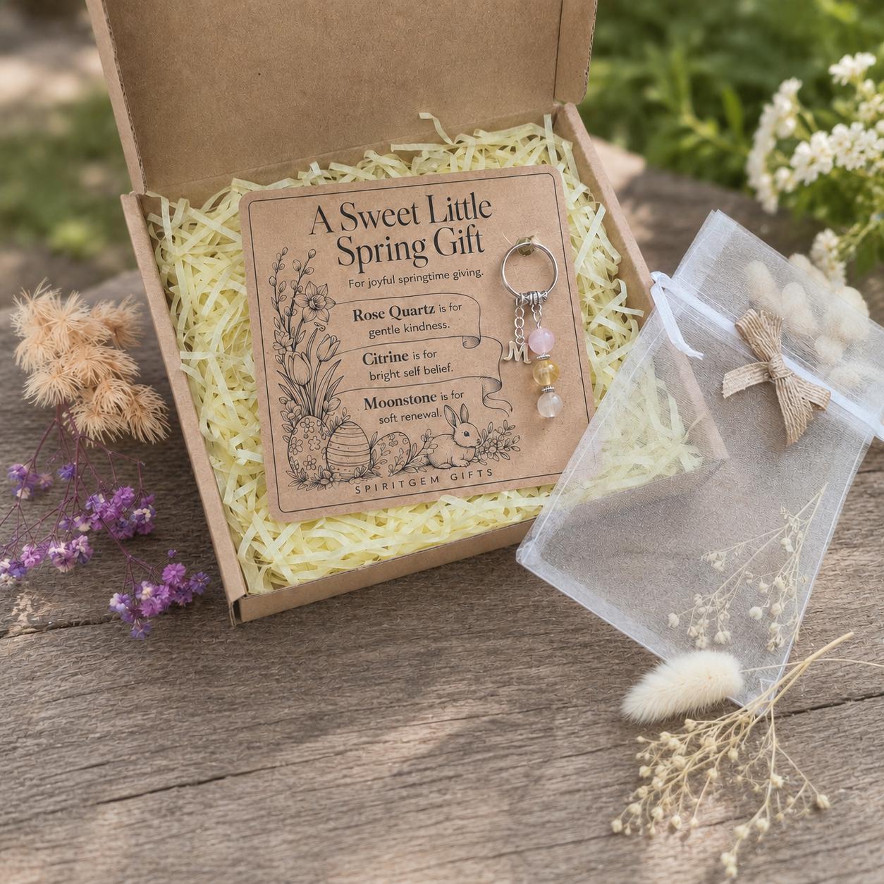 Easter Gift for Her, Crystal Keyring with Illustrated 'A Sweet Little Spring Gift' Card