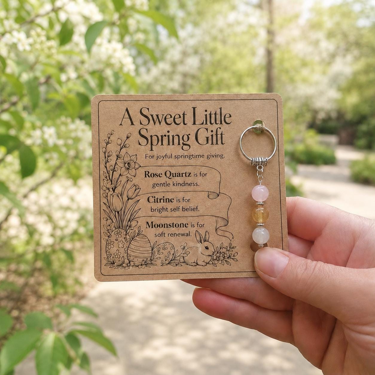 Easter Gift for Her, Crystal Keyring with Illustrated 'A Sweet Little Spring Gift' Card