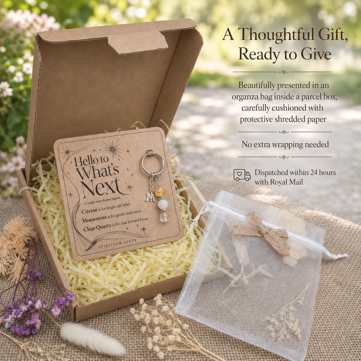 Personalised NEW BEGINNING Crystal Keyring with Illustrated Keepsake Card Fresh Start Gift
