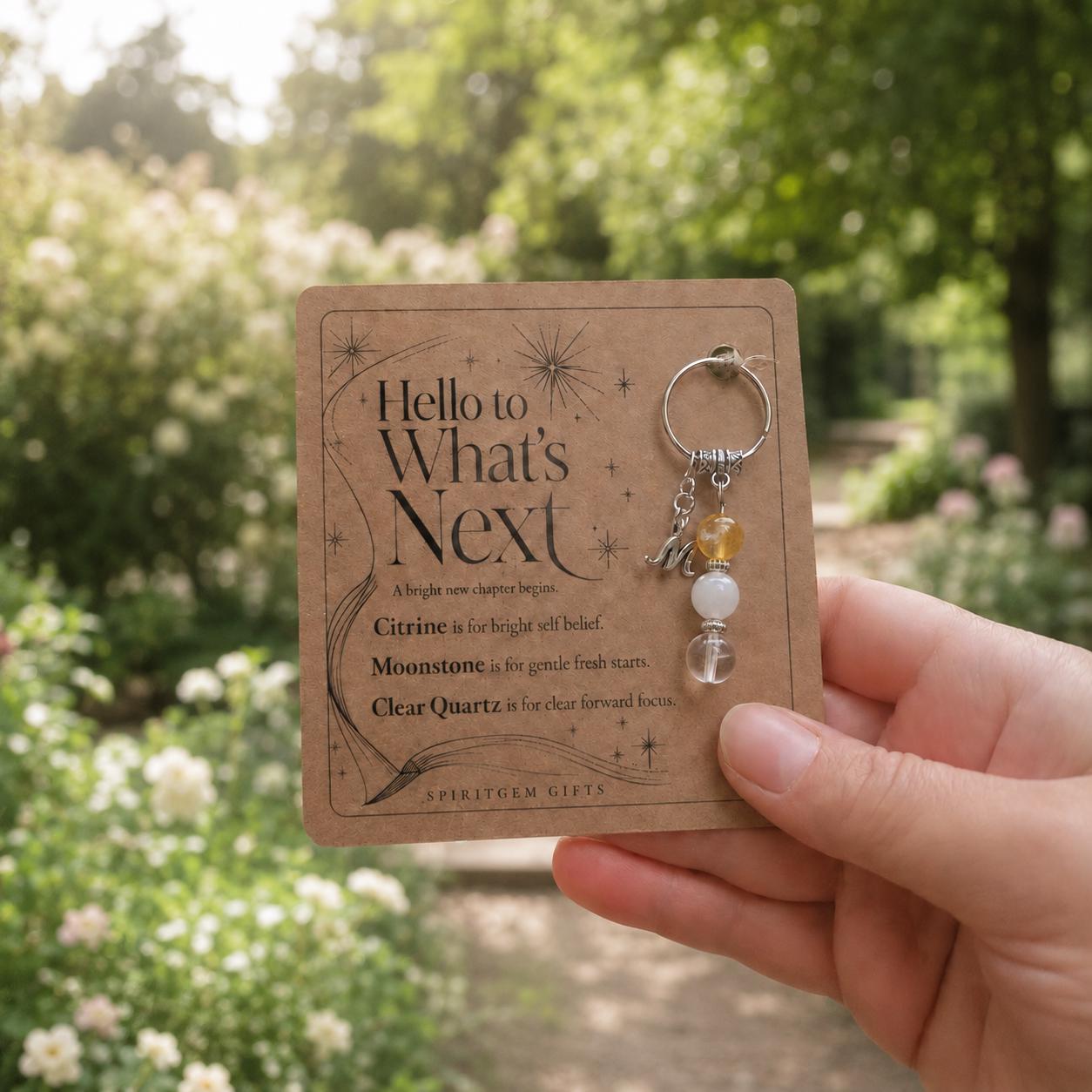 Personalised NEW BEGINNING Crystal Keyring with Illustrated Keepsake Card Fresh Start Gift