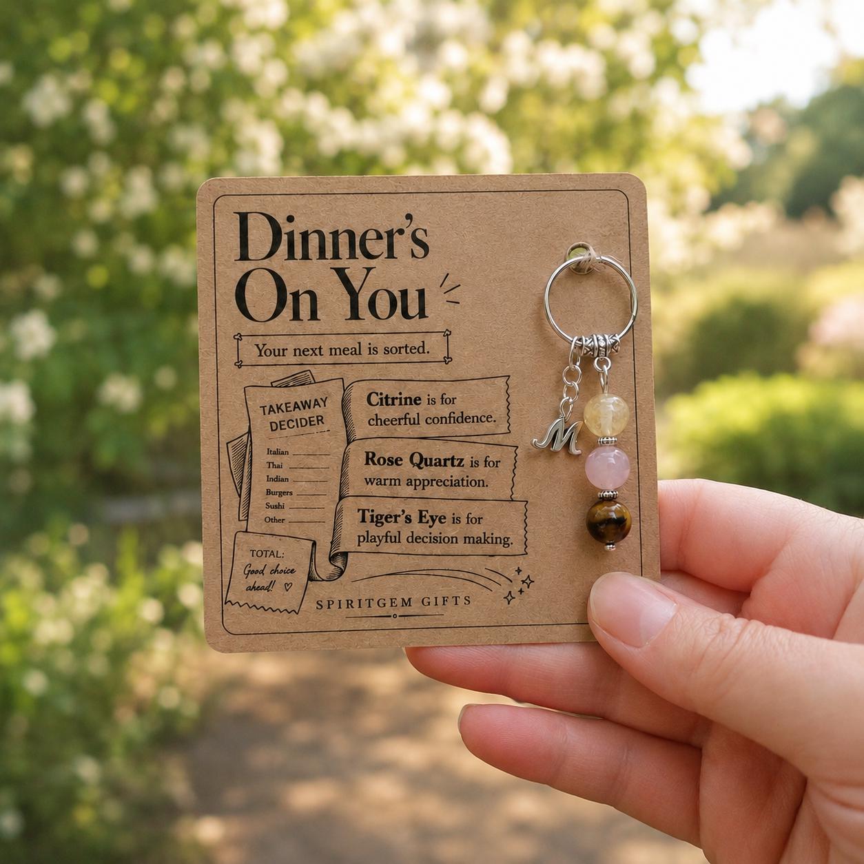 Personalised Dinner’s On You Crystal Keyring with Illustrated Keepsake Card Foodie Gift