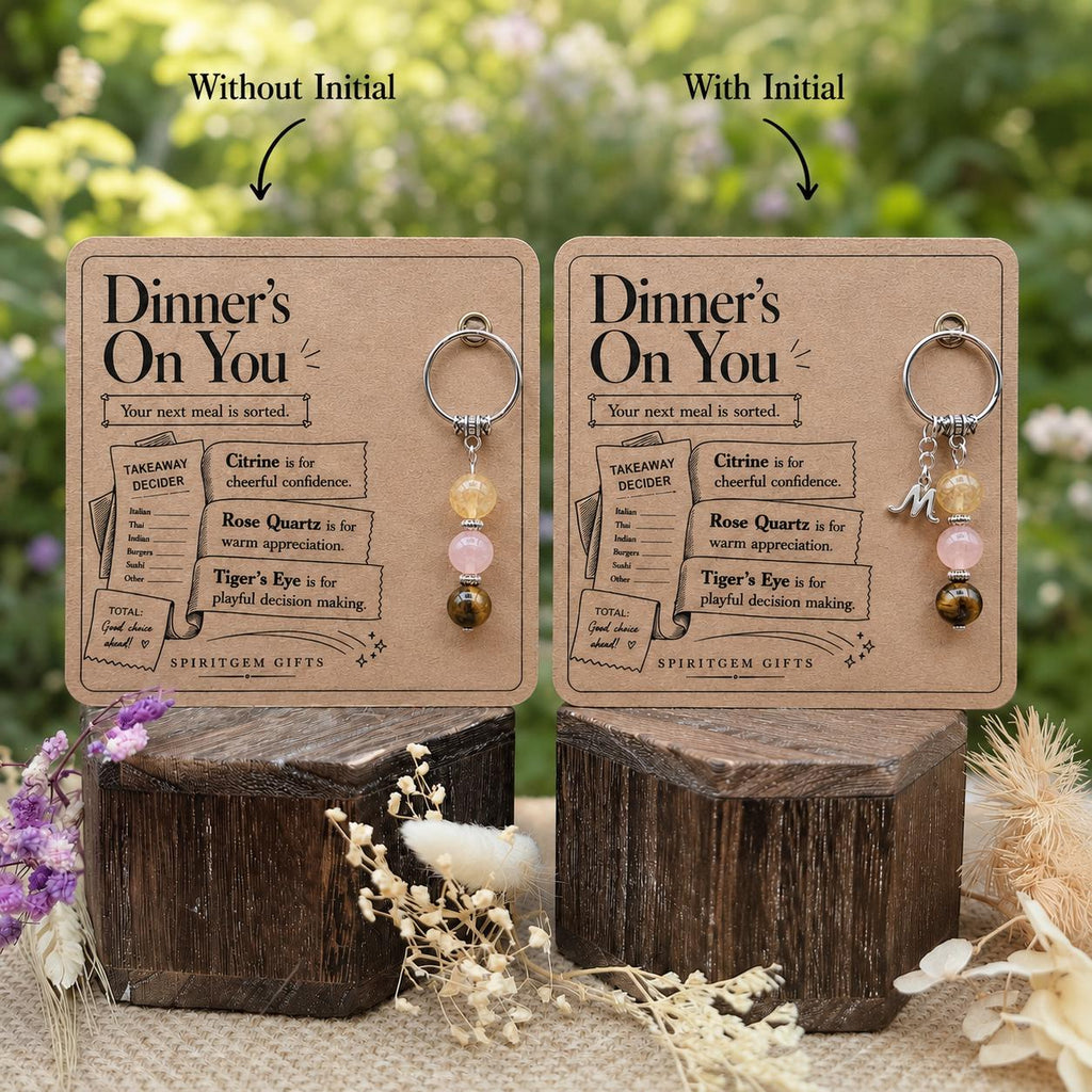 Personalised Dinner’s On You Crystal Keyring with Illustrated Keepsake Card Foodie Gift