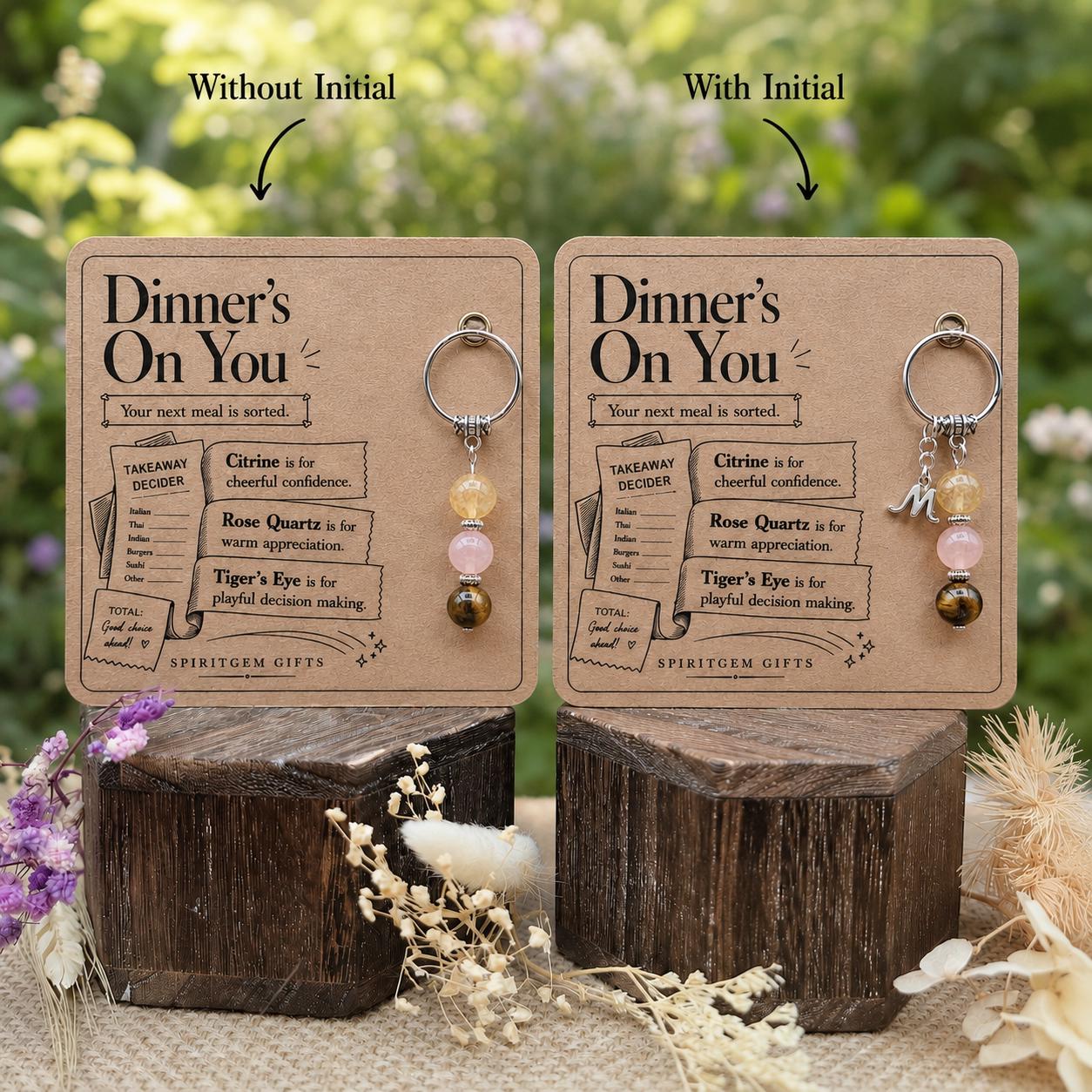 Personalised Dinner’s On You Crystal Keyring with Illustrated Keepsake Card Foodie Gift