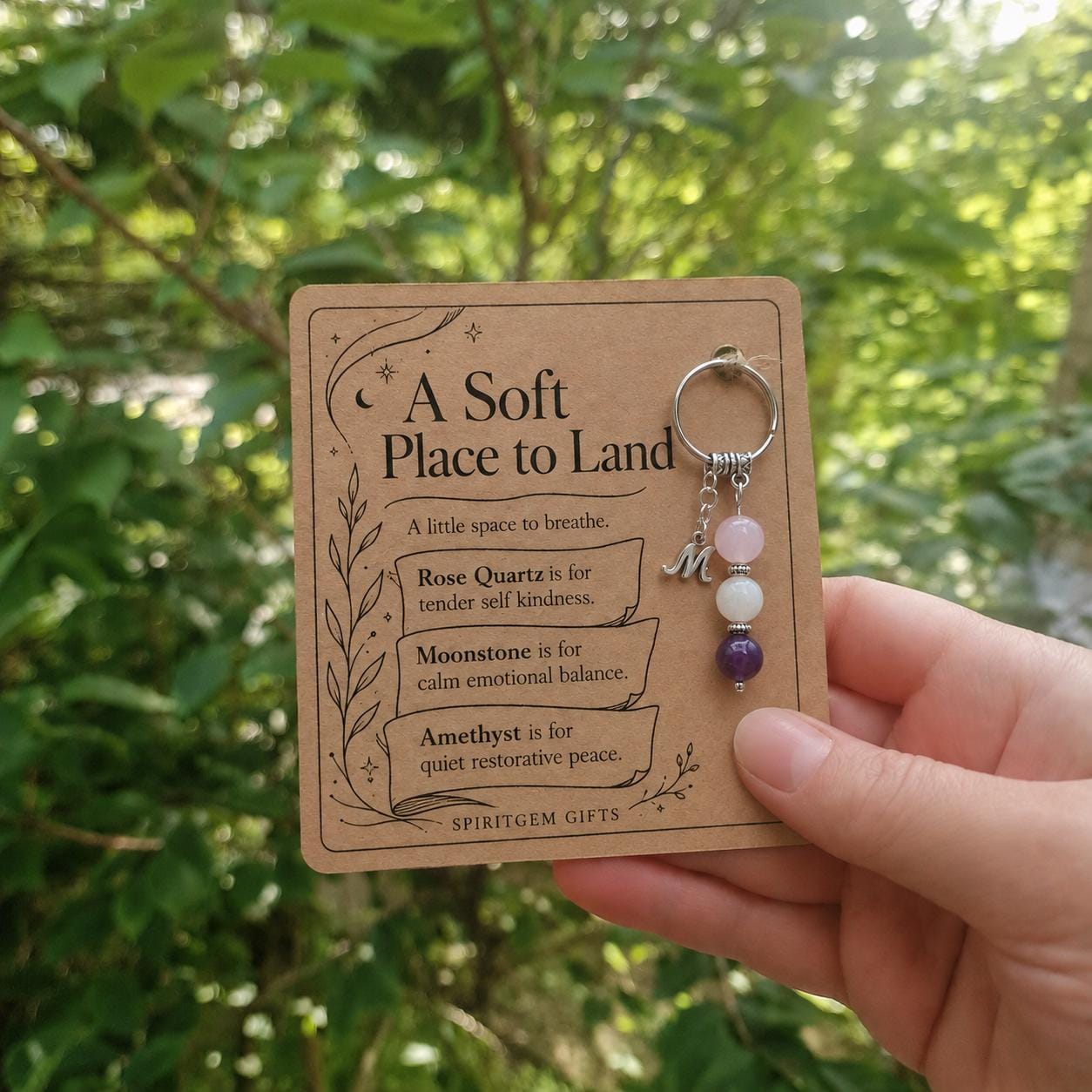 Pick Me Up Gift, Crystal Keyring with Illustrated 'A Soft Place to Land' Card