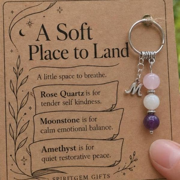 Pick Me Up Gift, Crystal Keyring with Illustrated 'A Soft Place to Land' Card